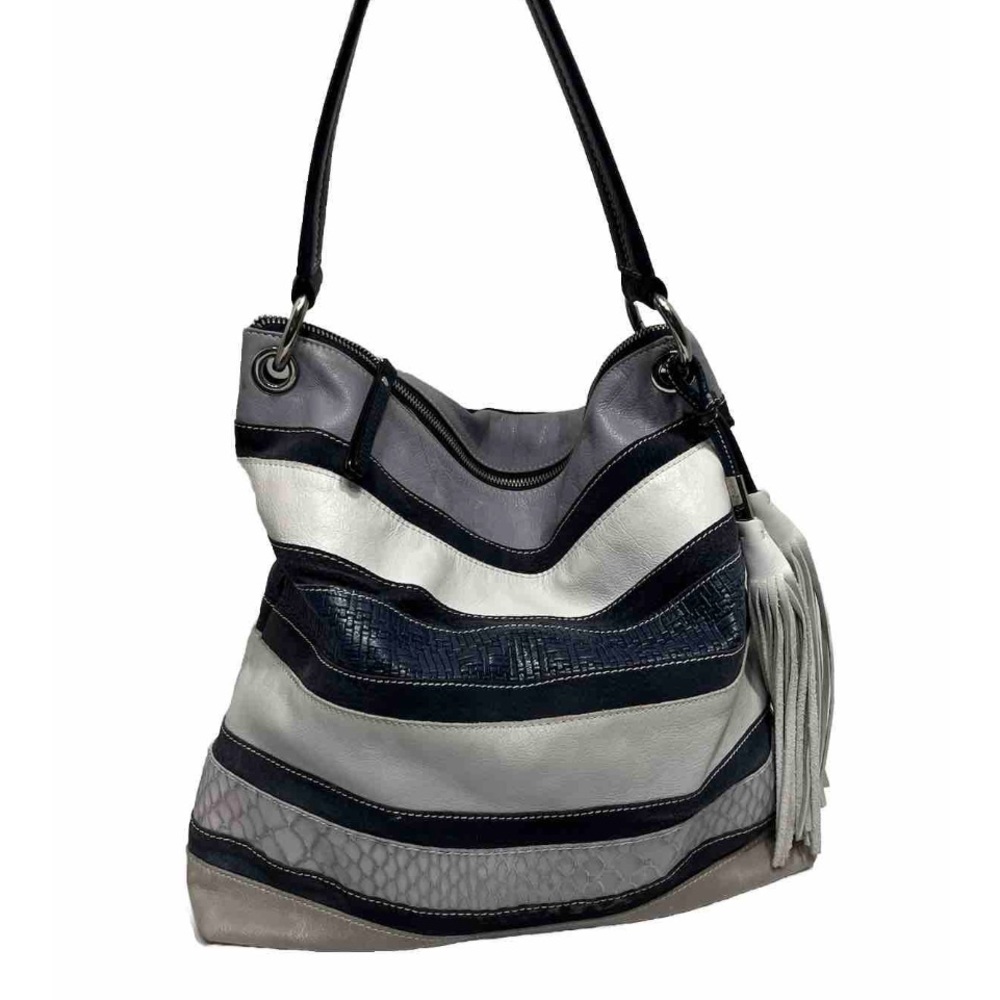Gianna Conti Women’s Shoulder Leather Striped Blue/white Handbag Purse Zipper